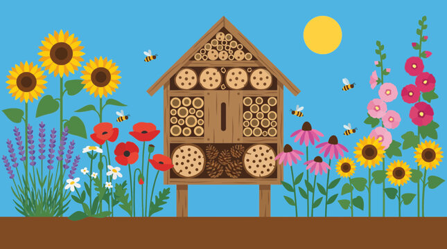 Bee Hotel Installed Near Flowering Garden Border
