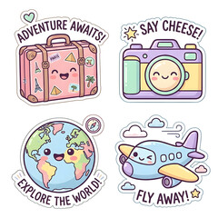 Fototapeta premium Cute Kawaii Travel Clipart Set with Smiling Suitcase, Camera, Globe, and Airplane Illustration