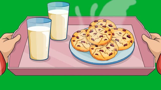 2d animation Hands serving cookies platter tray close up layout view with milk glasses animation on green screen. Human arms offering delicious sweet chocolate chip biscuits snack for dinner dessert