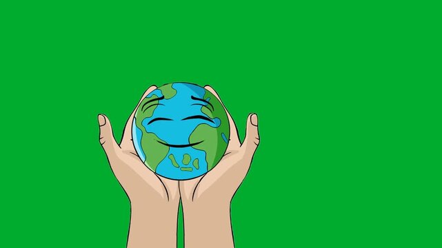 2d animation Hands protecting Earth crying cartoon character from side margins animation on green screen. Open human palms saving sad weeping world globe sphere representing global warming ecology