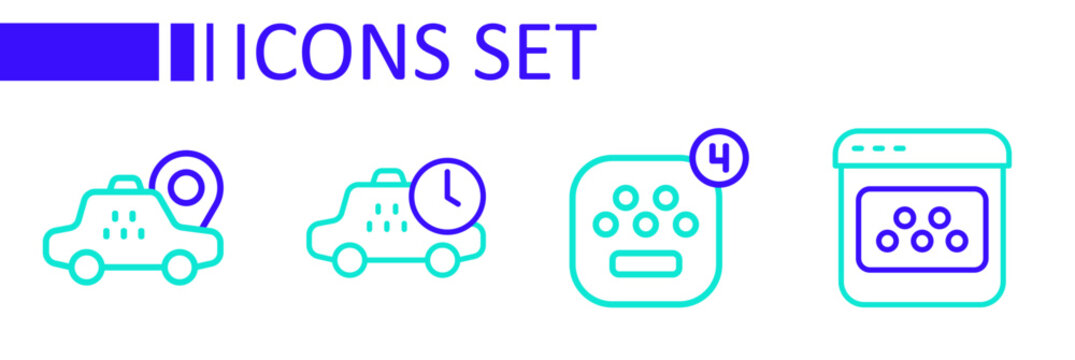 Set line Taxi mobile app, waiting time and Location taxi car icon. Vector