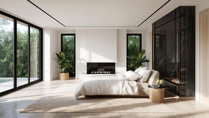 Obraz premium Newly built modern bedroom featuring a primary bed, houseplants, large windows, black marble fireplace, and minimalist decor.