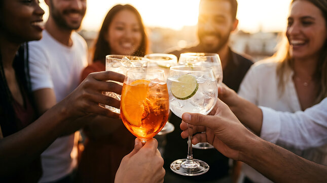 Group of friends toasting with cocktails at sunset, celebrating a special occasion together.