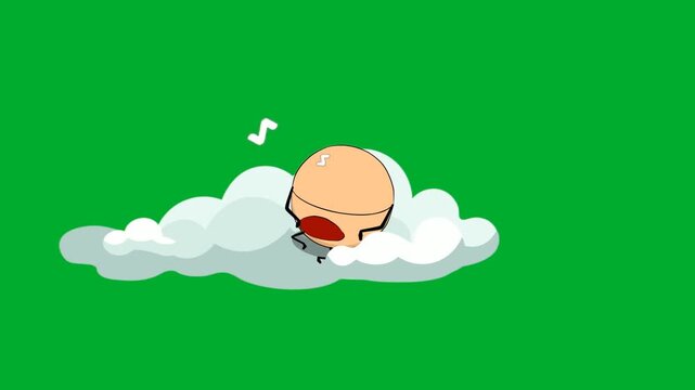 2d animation Eye character sleeping peacefully on a fluffy white cloud animation on green screen. Eyeball mascot cartoon character resting with snoring signs representing sight health, relaxation