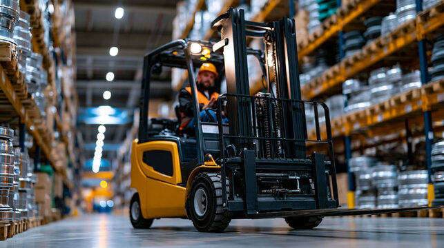 Night logistics operations forklift driver navigating a narrow warehouse aisle under overhead task lighting, high-bay racking loaded with industrial components rising on both sides, safety spotter u