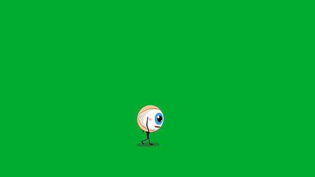 2d animation Eye character scale layout standing alone in distant view frame animation on green screen. Small tiny blue eyeball mascot cartoon character posing curiously on a chroma key background