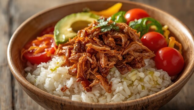Close-up of a rice bowl featuring pulled chicken carnitas, cherry tomatoes, avocado, and peppers on a table. Horizontal.