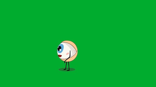 2d animation Eyeball character scale layout standing in corner view animation on green screen. Tiny cute blue eye mascot cartoon character looking forward curiously representing sight optics health