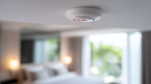 Smoke detector being installed on a ceiling in a modern interior, close-up of technician hands, realistic fire safety concept, home protection system, maintenance and security installation scene.