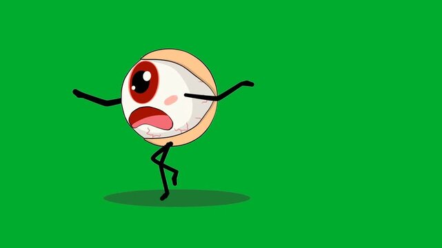2d animation Eyeball character running fast away from danger in panic animation on green screen. Red blood vessel veins eye mascot cartoon character sprinting or escaping quickly from hazard
