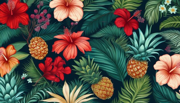 seamless hand drawn tropical pattern with exotic palm leaves hibiscus flowers pineapples and various plants on dark background