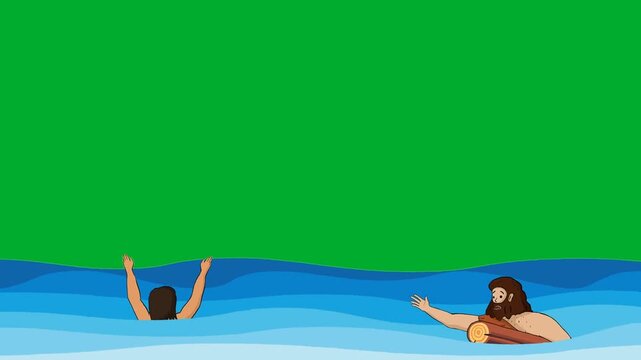 2d animation Caveman swimming sea waves or drowning in deep ocean water animation on green screen. Primitive ancient stone age tribal characters struggling inside blue water layout landscape