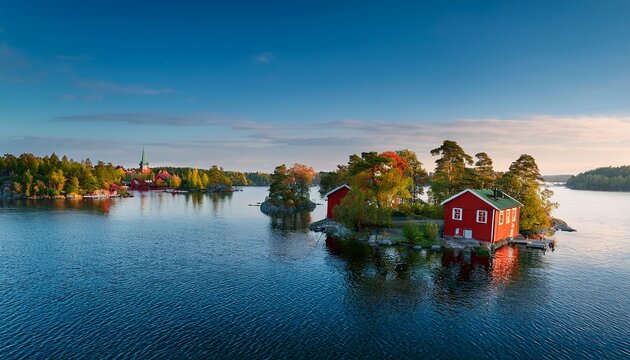 small islands in the morning near to stockholm swedish landscape with traditional red houses
