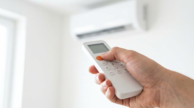 Energy saving concept showing a hand turning off the air conditioning unit with a remote.