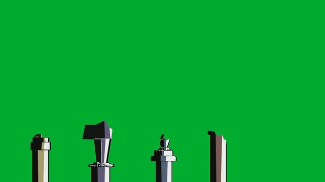 2d animation Medieval monuments statues standing firmly on pillars animation on green screen. Set of ancient stone metal knights warriors armor sculptures vector graphic layout for historical display