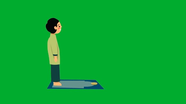 2d animation Boy bowing prayer position while standing on an islamic rug mat in side view animation on green screen. Muslim child cartoon character performing traditional ruku namaz gesture worship