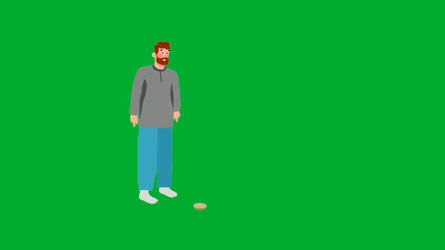 2d animation Man standing alone confidently in full body front view layout animation on green screen. Casual adult male cartoon character wearing grey sweater and blue jeans trousers posing calmly