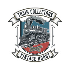 Retro steam locomotive train collectors vintage hobby emblem. © Lumivault