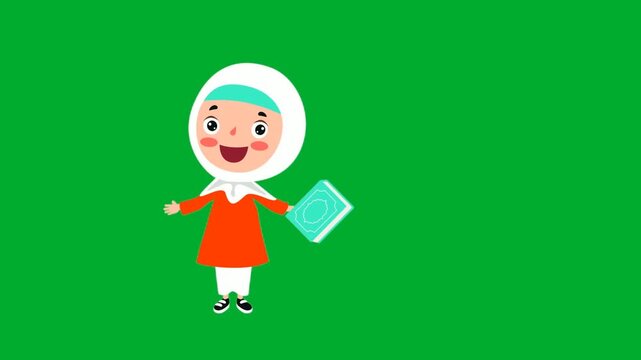 2d animation Girl holding wallet purse while peeking corner with a happy smile animation on green screen. Cute cartoon child character wearing white hijab cloak looking out curiously from edge margin
