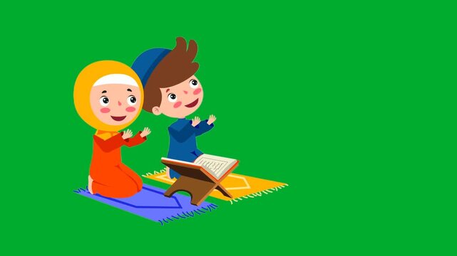 2d animation Children reading quran holy book sitting on floor near a wooden rehal holder stand animation on green screen. Cute cartoon kids, boy and girl in hijab learning islamic text lesson