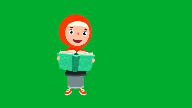 2d animation Girl holding book or quran stack piece in hands while peeking forward with a cheerful expression animation on green screen. Cute child cartoon character wearing red hoodie jacket jacket