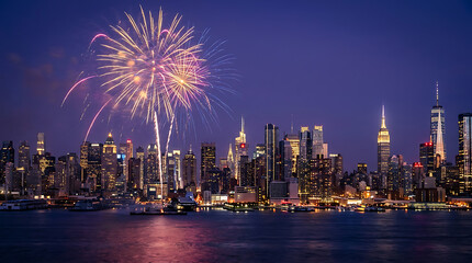 Obraz premium Spectacular Fireworks Display Over the Iconic New York City Skyline at Night.