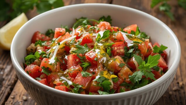 A dish of tasty, fresh tabouli made with parsley, mint, tomato, onion, olive oil, lemon juice, and bulgur.