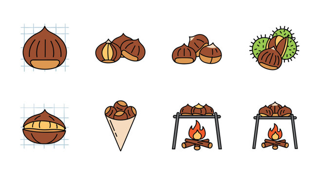 Roasted chestnuts on fire and in various cooking stages.
