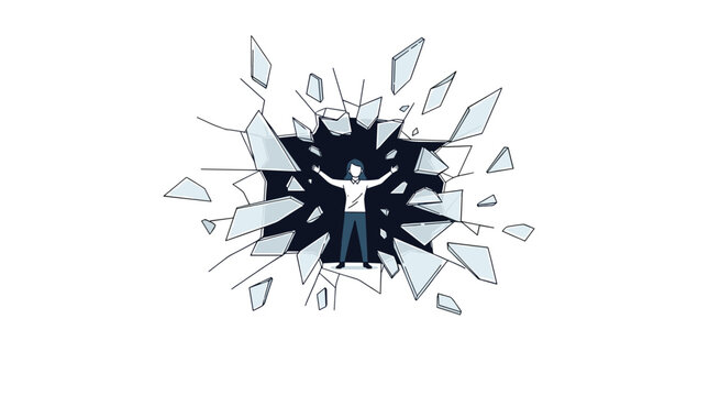 Shattered glass fragments explode outward.