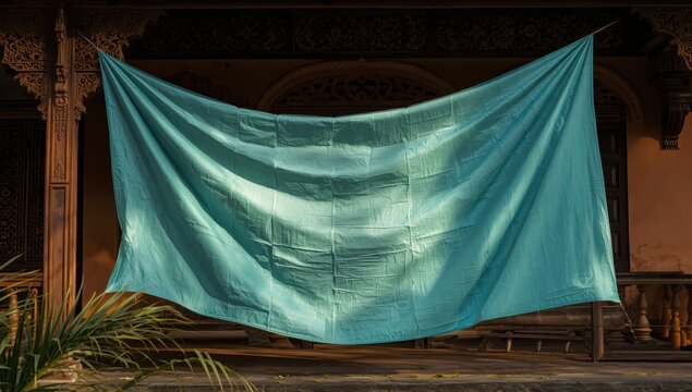sky-blue tarp beneath the roof