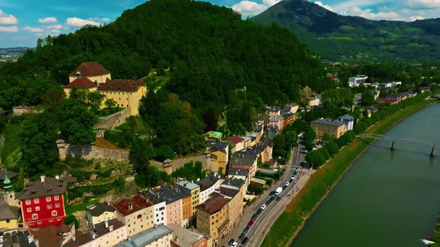 Aerial view of Austrian city of Salzburg is the birthplace of the famous composer Mozart