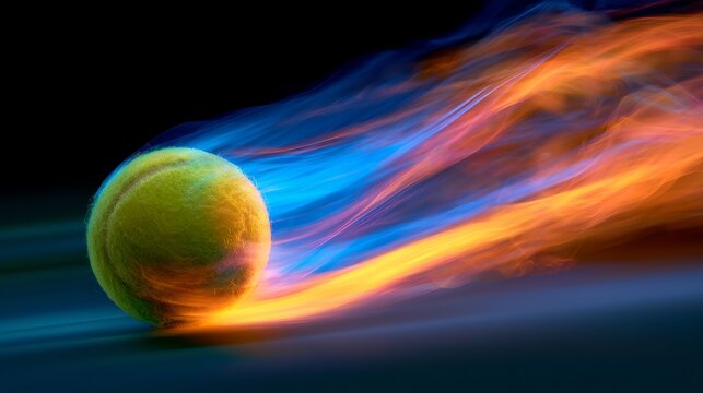 Glowing tennis ball with vibrant energy trail, dynamic sports motion concept on dark background.