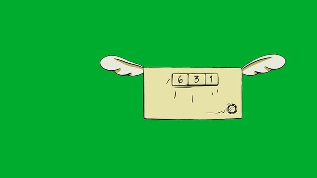 2d animation Letter flying wings moving horizontally in full body frontal layout view animation on green screen. Classic paper postal card package model representing message delivery or shipping