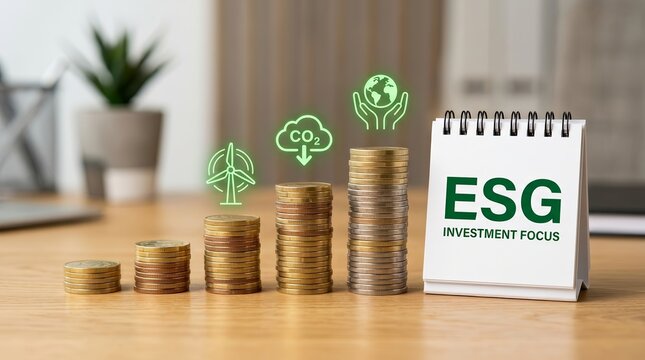 Carbon footprint reduction and long-term financial growth strategy shown with ESG stacked coins.
