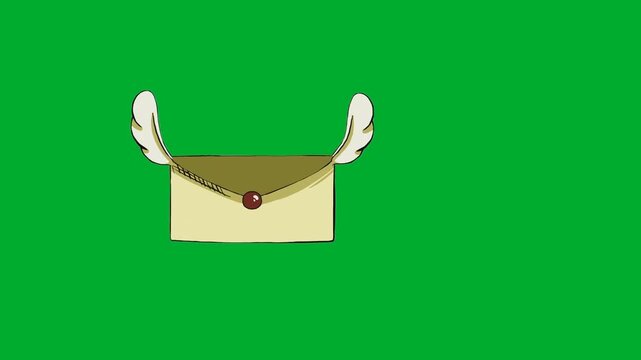 2d animation Pouch envelope wings flying slowly in full side profile layout frame animation on green screen. Vintage paper case letter mail container with red seal stamp representing invitation