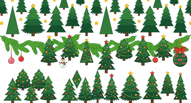 Christmas tree collection with decorated pine trees, garland, ornament balls and stars in cartoon flat style for holiday season design