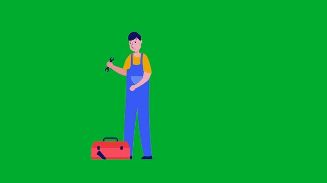 2d animation Electrician worker standing next to his red tool bag case container animation on green screen. Professional master mechanic engineer cartoon character wearing blue overalls uniform