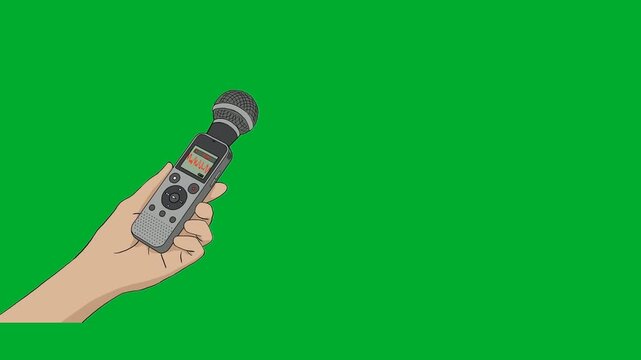 2d animation Hand holding recorder microphone tool closely for audio interview animation on green screen. Human fingers gripping professional digital dictaphone device instrument for broadcast