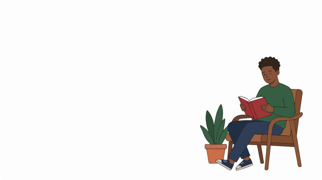 Black student reading quietly in corner on a white background, minimalist 2d flat illustration style, back to school