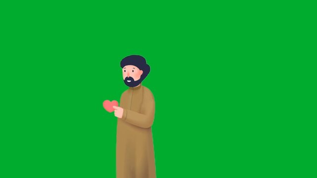 2d animation Muslim man praying while holding a red heart shape symbol in hands lovingly animation on green screen. Islamic male cartoon character performing spiritual worship namaz custom devotion