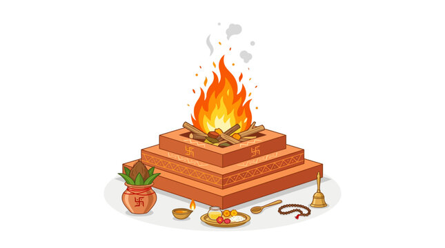 Hindu Havan Fire Ritual with Sacred Symbols and Offerings