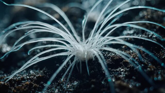 Hypnotic, glowing white fiber optic creature pulsating over dark, granular terrain, in a mysterious cinematic close-up, symbolizing alien life