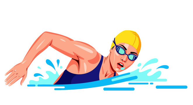 Vector illustration of a female swimmer doing freestyle stroke in water with splashes.