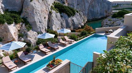 Fototapeta premium Luxury infinity pool at cliffside resort overlooking turquoise cove and dramatic coastal landscape