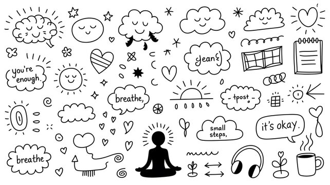 Mental health awareness doodles featuring meditation and positive affirmations.