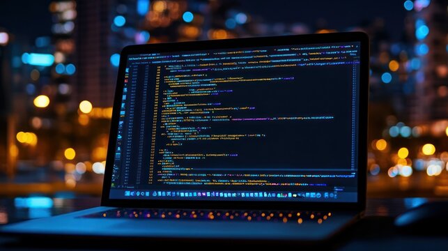 Night city coder laptop screen code programming