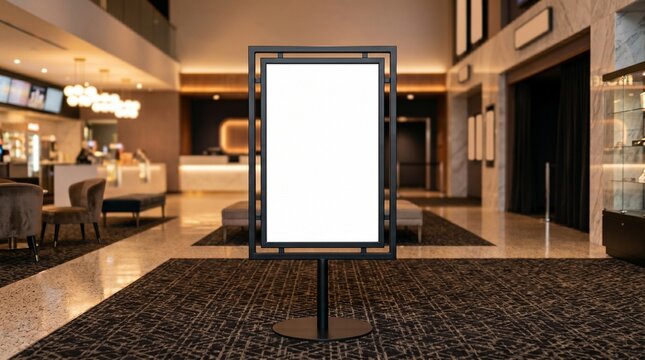 Blank Vertical Advertising Poster Stand Mockup Displaying Inside a Modern Hotel Lobby Entrance