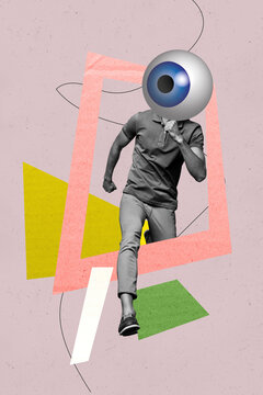Vertical sketch image photo collage of anonym girl guy instead head freemason eyeball stare control esoteric eyesight watch