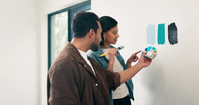 High five, paint and swatch with couple in home together for diy project or renovation success. Color palette, compare and decision with excited people for apartment makeover, motivation or support