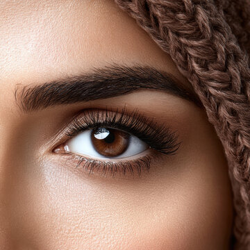Close up brown eye thick eyebrow long eyelashes smooth skin natural makeup knitted hat beauty young woman soft light detailed texture